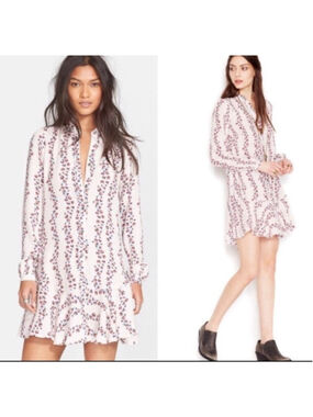 Free People Floral Long Sleeve Collared Shirt Dress Size Medium Pink Ruffle